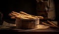 Wooden box filled with freshly-baked bread sticks, Ai-generated.