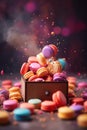 A wooden box filled with lots of colorful macarons. Generative AI image.