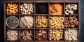 A wooden box filled with lots of different types of pasta. AI generative image.