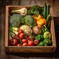 Wooden box with fresh vegetables. Harvest vegetables close-up on a wooden background. Royalty Free Stock Photo