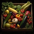 Wooden box with fresh vegetables. Harvest vegetables close-up on a wooden dark background. Royalty Free Stock Photo