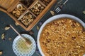 Wooden box full with hazelnuts, walnuts and cashew