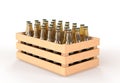 Wooden box with glass bottles beer angle view. Wood crate full alcohol drinks, timber plank container for storage Royalty Free Stock Photo