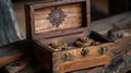 Wooden box with a hidden compartment for storing valuable bitcoins Royalty Free Stock Photo