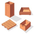 Wooden box isometric vector set icon. Pallets fruits and vegetables transportation containers Royalty Free Stock Photo