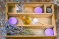 Wooden box with lavender spa set Royalty Free Stock Photo