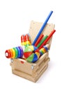 Wooden box with many toys Royalty Free Stock Photo