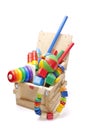 Wooden box with many toys