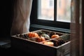 Wooden box with mini pumpkins and pine cones on windowsill, autumn background decor. Generative AI Royalty Free Stock Photo