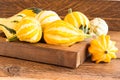 A wooden box with multi-colored mini pumpkins on the village table Royalty Free Stock Photo