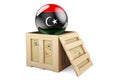 Wooden box, parcel with Libyan flag. Shipping and delivery in Libya, concept. 3D rendering