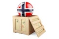 Wooden box, parcel with Norwegian flag. Shipping and delivery in Norway, concept. 3D rendering