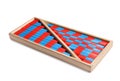 Wooden box with red and blue numerical sticks isolated. Montessori math toy