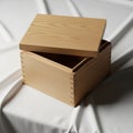 A wooden box with a simple, rectangular design rests on a white fabric surface. The Royalty Free Stock Photo