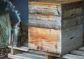 Wooden box, smoke or beekeeper equipment on sustainability agriculture, countryside environment nature honey farm