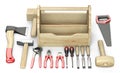 Wooden box for your toolbox. Next to which is an ax, a chisel, a chisel, pliers, a mallet, a hammer, a screwdriver, a wrench, a