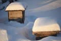 Wooden boxes for flowers under the snow in winter Royalty Free Stock Photo