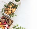 Wooden boxes full of fresh organic vegetables from the local market on a white table Royalty Free Stock Photo