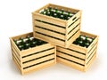 Wooden boxes with green beer bottles.