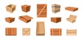 Wooden boxes. Packed empty shipping drawers and crates, cargo warehouse pallets for fruit vegetable delivery