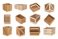 Wooden boxes. Retail, logistics, delivery, storage concept. Delivery containers, empty parcels, shipping crates isolated