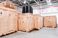 Wooden boxes in the warehouse. Boxes out of wood for packing industrial machinery. Warehousing. Packaging of finished Royalty Free Stock Photo