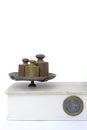 Wooden, brass and marble pan balance with weights.