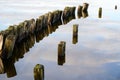 Wooden breaks waves on lake Biscarrosse water mirror image in blue cloud sky reflection France