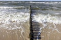 Wooden breakwater with Green algae in foaming water of Baltic Sea, Miedzyzdroje, Wolin Island, Poland Royalty Free Stock Photo