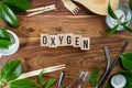 The wooden brick with words ` OXYGEN ` on wooden background. ECO concept with recycling symbol and leaves Royalty Free Stock Photo