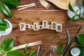 The wooden brick with words ` POLLUTION ` on wooden background. ECO concept with recycling symbol and leaves