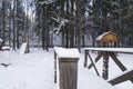 Wooden bridge across the ravine in the woods under a layer of snow