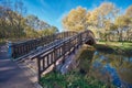 Wooden bridge across Yauza river Royalty Free Stock Photo