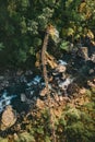 Wooden bridge aerial view river and forest nature landscape