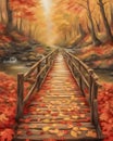 Wooden bridge in autumn park with fallen leaves Royalty Free Stock Photo