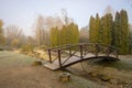 Wooden bridge in autumn park. Misty foggy autumn day Royalty Free Stock Photo