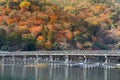 Wooden bridge with autumn season mountain background, Kyoto Japan Royalty Free Stock Photo
