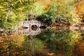 Wooden bridge and autumn trees on lake Royalty Free Stock Photo