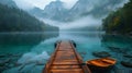 Wooden bridge and boat on the lake in the foggy mountain landscape AI generated Royalty Free Stock Photo