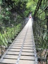 Wooden bridge built between the mountains, people crossing the path, surrounded by the forest Royalty Free Stock Photo