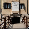 Wooden bridge entrance to an ancient traditional Jewish ghetto of Venice located in the Cannaregio district