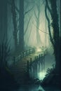 Wooden bridge in a foggy forest, 3d digitally rendered illustration Royalty Free Stock Photo