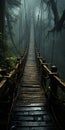 Wooden Bridge In A Foggy Forest: A Gritty And Romanticized Depiction Of Wilderness