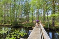 Wooden bridge in finland wih hiker