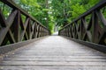 Wooden bridge in the forest. Bridge for pedestrians and bikers in the wild park. Royalty Free Stock Photo