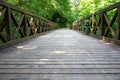 Wooden bridge in the forest. Bridge for pedestrians and bikers in the wild park. Royalty Free Stock Photo