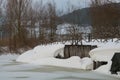 Wooden bridge on frozen Colfiorito lake Royalty Free Stock Photo