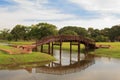 wooden bridge in a garden& x27;s Ayutthaya Historical Park, Ayutthaya