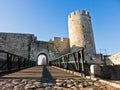 Wooden bridge and gate at the entrance of Kalemegdan fortress on a sunny autumn day in Belgrade Royalty Free Stock Photo