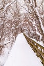 A wooden bridge on a hiking trail on a snowy winter day